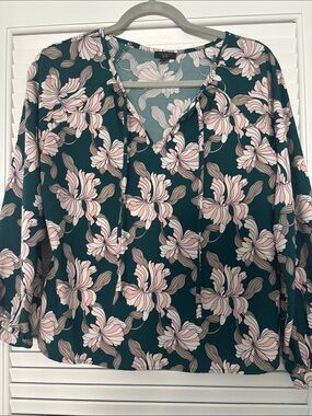 Ann Taylor Floral Tie-Front Blouse with Pink Accents